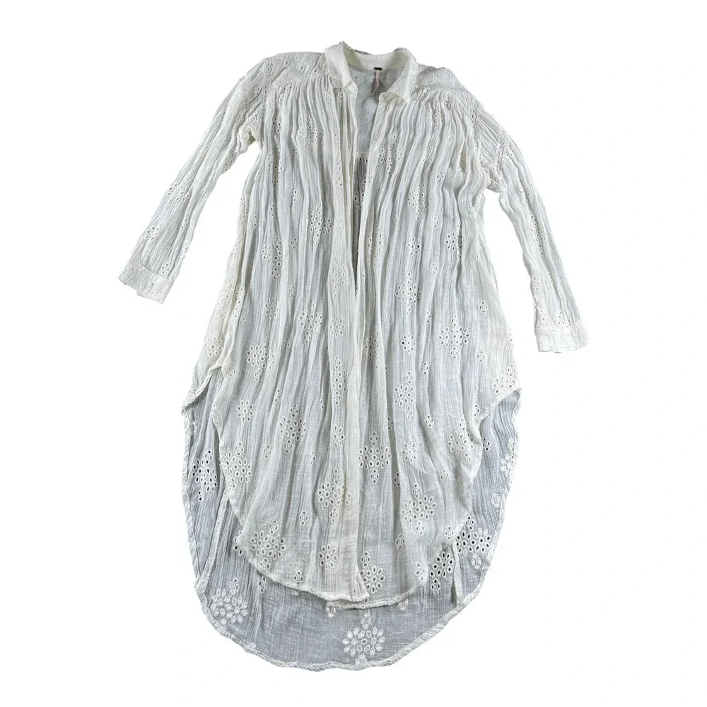 Free People White Eyelet Embroidered High Low Duster Cardigan Top XS